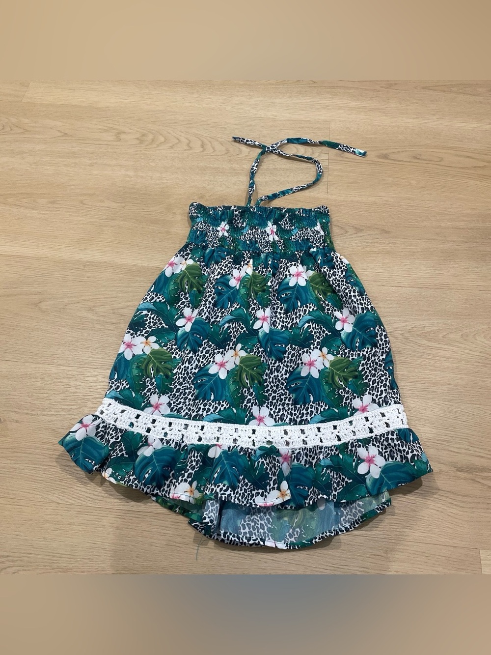 Girls' Teal Floral Halter Sundress with Lace Trim